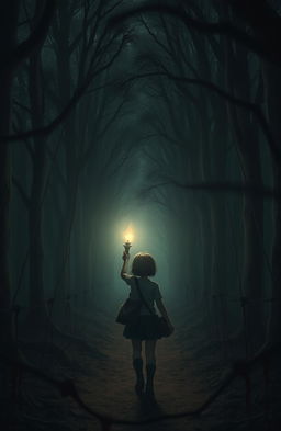 A dark, dusty forest scene showcasing the back of a girl with short hair, walking along a narrow path