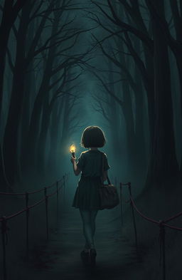 A dark, dusty forest scene showcasing the back of a girl with short hair, walking along a narrow path