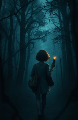 A dark, dusty forest scene showcasing the back of a girl with short hair, walking along a narrow path