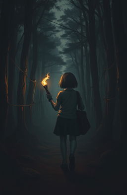 A dark, dusty forest scene showcasing the back of a girl with short hair, walking along a narrow path