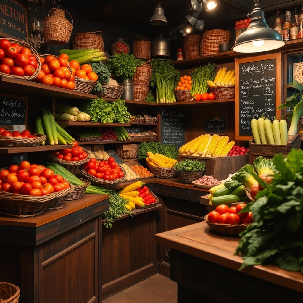 A classic vegetable shop adorned with vintage charm, featuring wooden shelves stocked with a variety of fresh vegetables