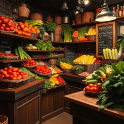 A classic vegetable shop adorned with vintage charm, featuring wooden shelves stocked with a variety of fresh vegetables