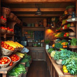 A classic vegetable shop adorned with vintage charm, featuring wooden shelves stocked with a variety of fresh vegetables