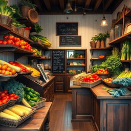 A classic vegetable shop adorned with vintage charm, featuring wooden shelves stocked with a variety of fresh vegetables
