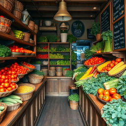 A classic vegetable shop adorned with vintage charm, featuring wooden shelves stocked with a variety of fresh vegetables