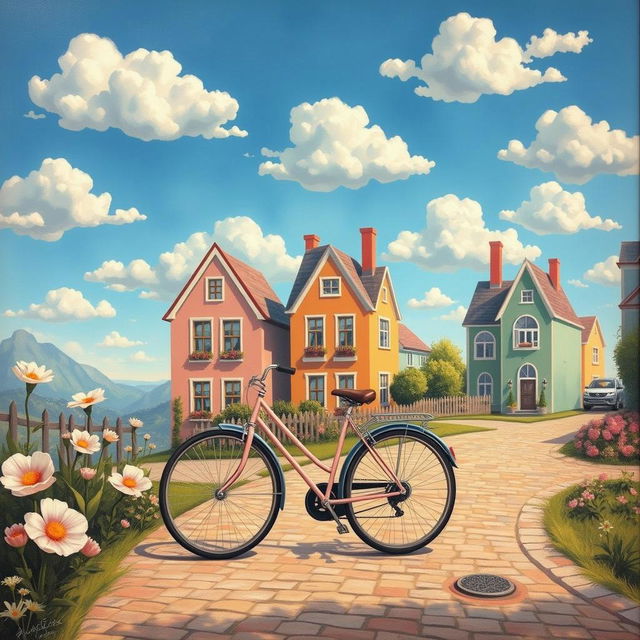 A picturesque street scene featuring a charming vintage bicycle parked on a cobblestone pathway