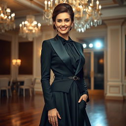 An elegant woman dressed in a formal black tie outfit featuring a stylish tuxedo jacket and a flowing skirt