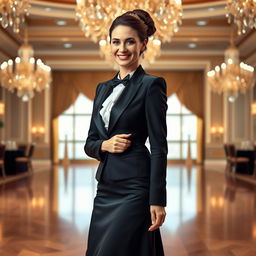 An elegant woman dressed in a formal black tie outfit featuring a stylish tuxedo jacket and a flowing skirt