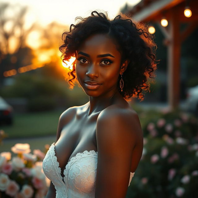 A stunning dark-skinned woman with captivating large eyes and a graceful demeanor, showcasing her medium height with a well-proportioned, athletic build