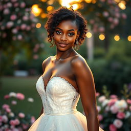 A stunning dark-skinned woman with captivating large eyes and a graceful demeanor, showcasing her medium height with a well-proportioned, athletic build