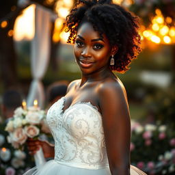 A stunning dark-skinned woman with captivating large eyes and a graceful demeanor, showcasing her medium height with a well-proportioned, athletic build