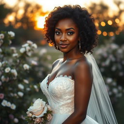 A stunning dark-skinned woman with captivating large eyes and a graceful demeanor, showcasing her medium height with a well-proportioned, athletic build