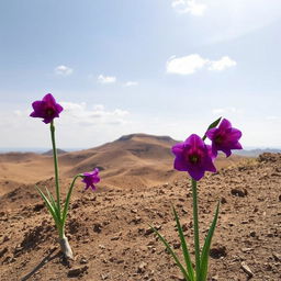 A serene landscape featuring beautiful purple amaryllis flowers prominently displayed on barren hills