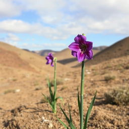 A serene landscape featuring beautiful purple amaryllis flowers prominently displayed on barren hills