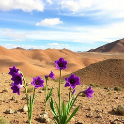 A serene landscape featuring beautiful purple amaryllis flowers prominently displayed on barren hills