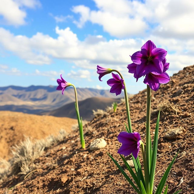 A serene landscape featuring beautiful purple amaryllis flowers prominently displayed on barren hills