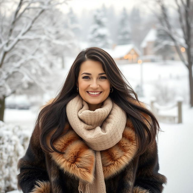 A beautiful Russian woman in her mid-40s, smiling warmly while standing outdoors in winter