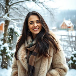 A beautiful Russian woman in her mid-40s, smiling warmly while standing outdoors in winter