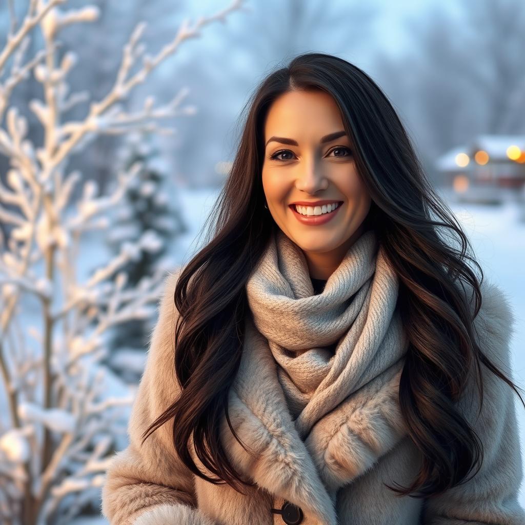 A beautiful Russian woman in her mid-40s, smiling warmly while standing outdoors in winter