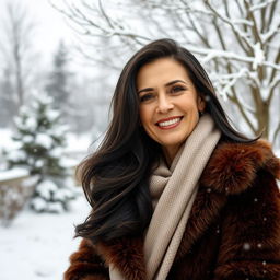 A beautiful Russian woman in her mid-40s, smiling warmly while standing outdoors in winter