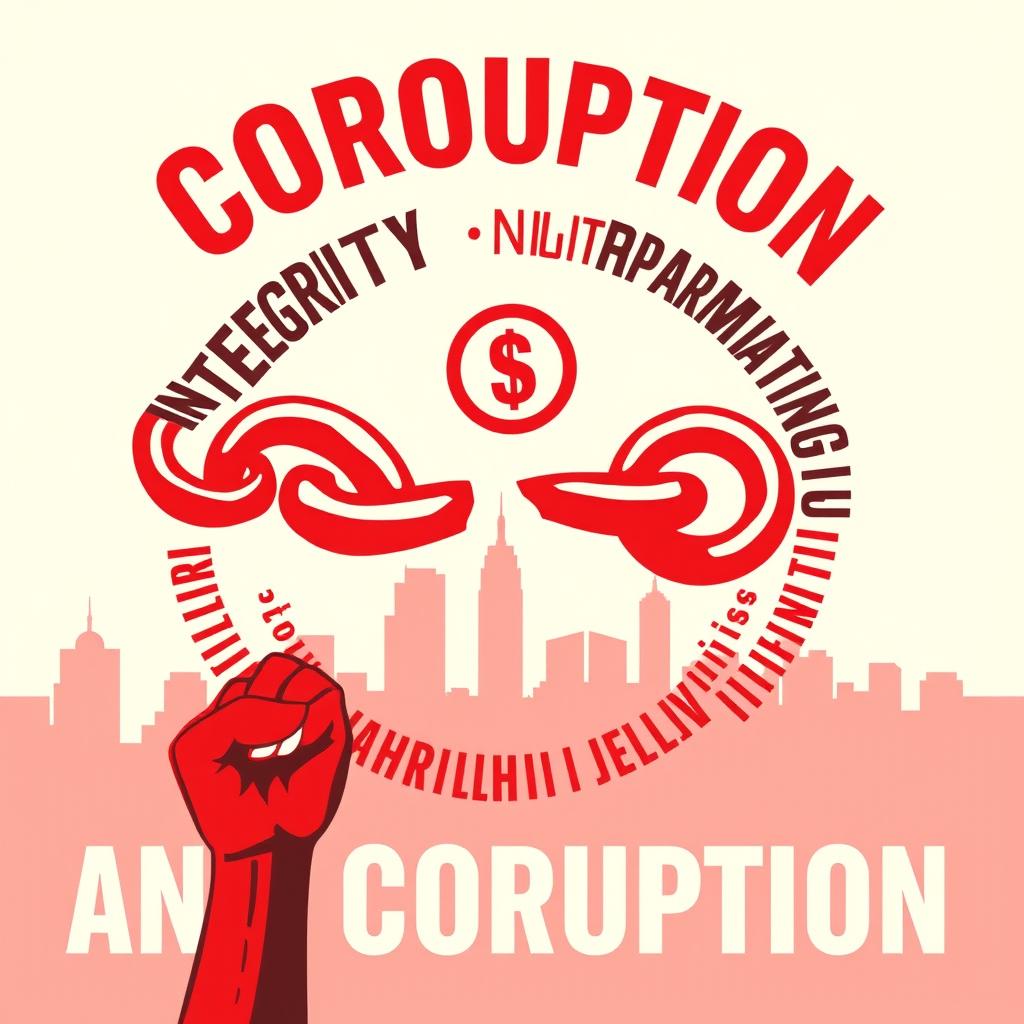 A vibrant and striking poster promoting anti-corruption, featuring a bold red and white color scheme symbolizing urgency and integrity