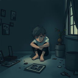 A poignant illustration of a teenage boy overwhelmed with feelings of depression, sitting alone in a dimly lit room filled with shadows