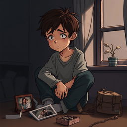 A poignant illustration of a teenage boy overwhelmed with feelings of depression, sitting alone in a dimly lit room filled with shadows