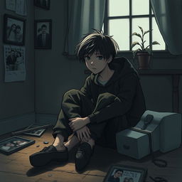 A poignant illustration of a teenage boy overwhelmed with feelings of depression, sitting alone in a dimly lit room filled with shadows