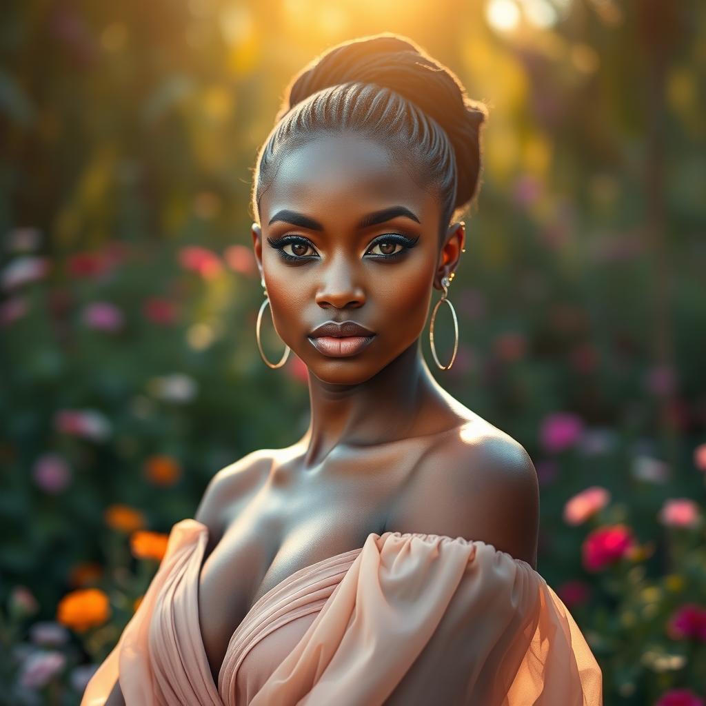 A beautiful dark-skinned woman who embodies a perfect balance between light and dark, featuring a rich, warm complexion