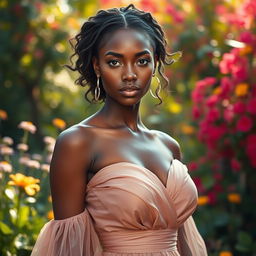A beautiful dark-skinned woman who embodies a perfect balance between light and dark, featuring a rich, warm complexion