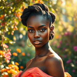 A beautiful dark-skinned woman who embodies a perfect balance between light and dark, featuring a rich, warm complexion