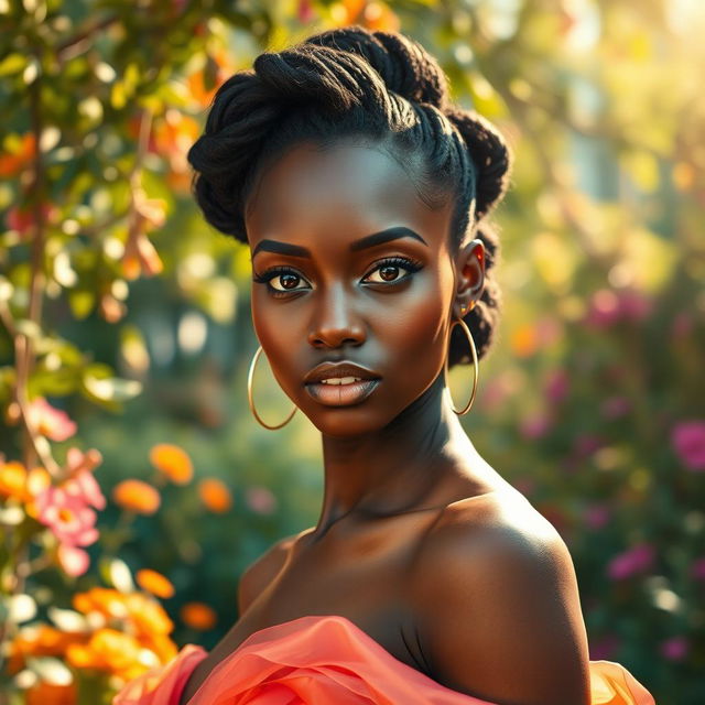 A beautiful dark-skinned woman who embodies a perfect balance between light and dark, featuring a rich, warm complexion