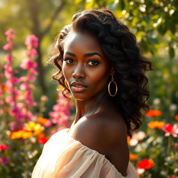 A beautiful dark-skinned woman who embodies a perfect balance between light and dark, featuring a rich, warm complexion