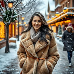 A beautiful 45-year-old Russian woman walking on a winter street, dressed in an elegant fur coat and stylish winter accessories