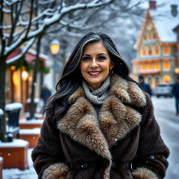 A beautiful 45-year-old Russian woman walking on a winter street, dressed in an elegant fur coat and stylish winter accessories