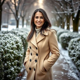 A beautiful 45-year-old Russian woman wearing an elegant coat, standing gracefully in a winter park