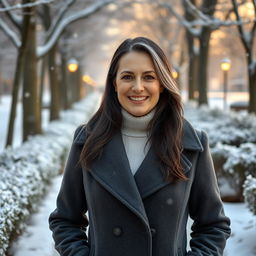 A beautiful 45-year-old Russian woman wearing an elegant coat, standing gracefully in a winter park