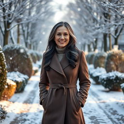 A beautiful 45-year-old Russian woman wearing an elegant coat, standing gracefully in a winter park