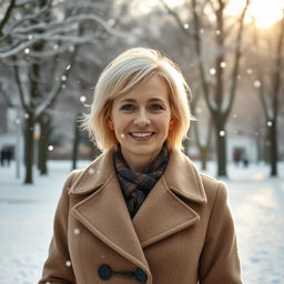 A beautiful 45-year-old Russian woman with a short hairstyle and light blonde hair, wearing a fashionable coat, standing in a serene winter park