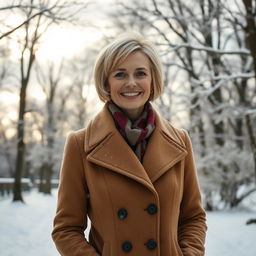 A beautiful 45-year-old Russian woman with a short hairstyle and light blonde hair, wearing a fashionable coat, standing in a serene winter park
