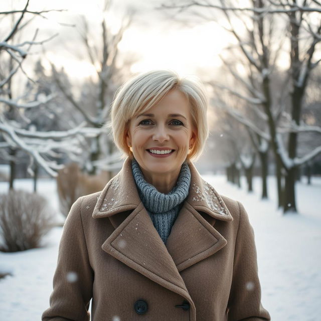 A beautiful 45-year-old Russian woman with a short hairstyle and light blonde hair, wearing a fashionable coat, standing in a serene winter park