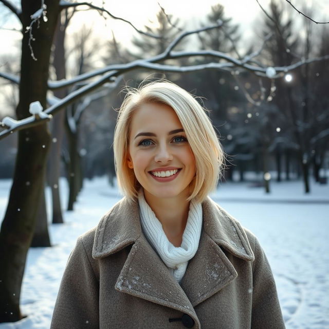 A beautiful 35-year-old Russian woman with a short hairstyle and light blonde hair, wearing a stylish coat, standing in a picturesque winter park