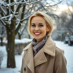 A beautiful 35-year-old Russian woman with a short hairstyle and light blonde hair, wearing a stylish coat, standing in a picturesque winter park