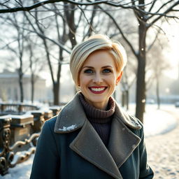 A beautiful 35-year-old Russian woman with a short hairstyle and light blonde hair, wearing a stylish coat, standing in a picturesque winter park
