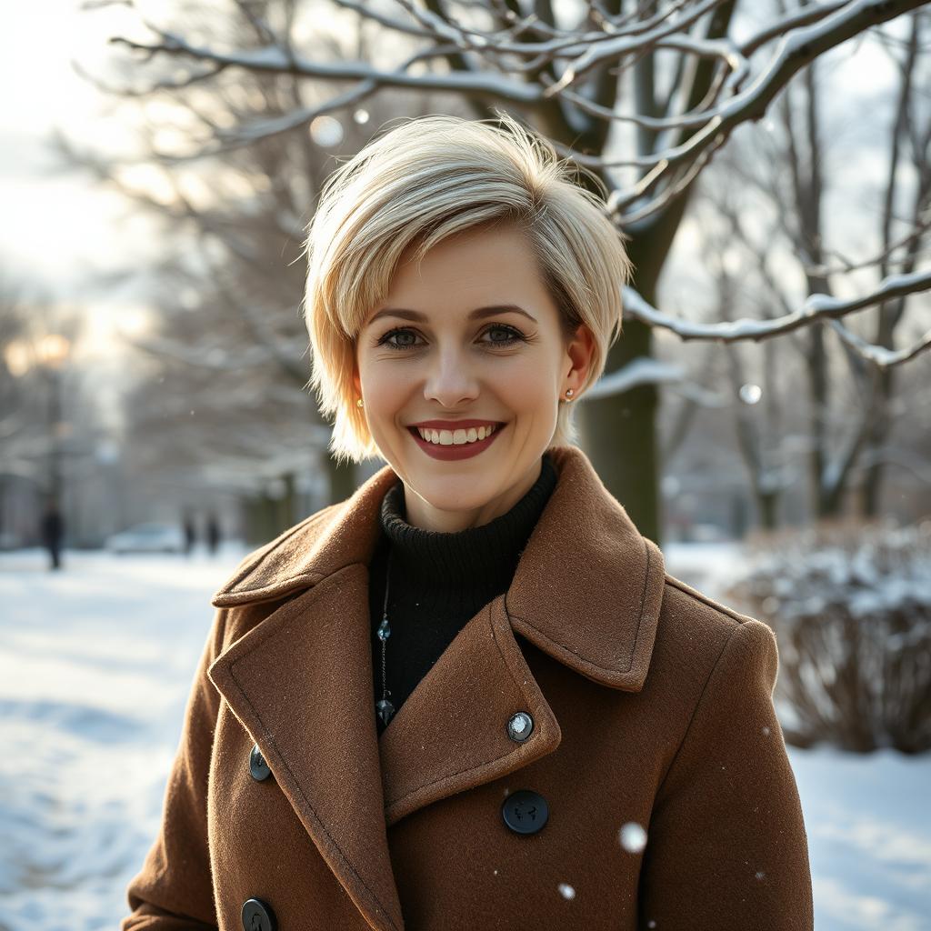 A beautiful 35-year-old Russian woman with a short hairstyle and light blonde hair, wearing a stylish coat, standing in a picturesque winter park