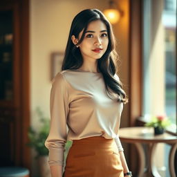 A 25-year-old woman with dark hair, portraying a modest yet elegant appearance, dressed in stylish clothing