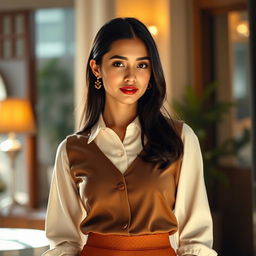 A 25-year-old woman with dark hair, portraying a modest yet elegant appearance, dressed in stylish clothing