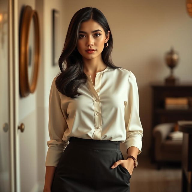 A 25-year-old woman with dark hair, portraying a modest yet elegant appearance, dressed in stylish clothing