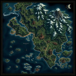 A detailed fantasy map for a DnD world, featuring a dark-themed palette