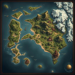 A detailed fantasy map for a DnD world, featuring a dark-themed palette